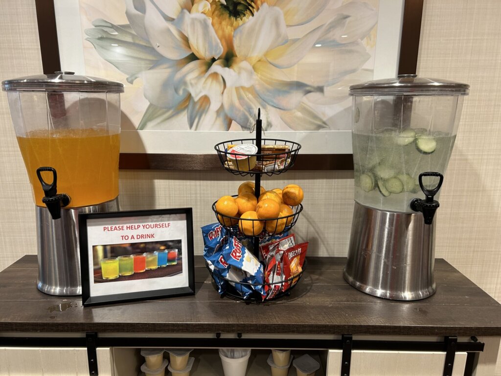 colorful water dispensers and snack variety available for memory care residents in louisville